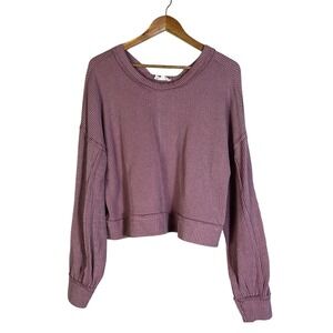 New In Women's Purple Striped Textured Waffle Knit Cropped Long Sleeve Top M